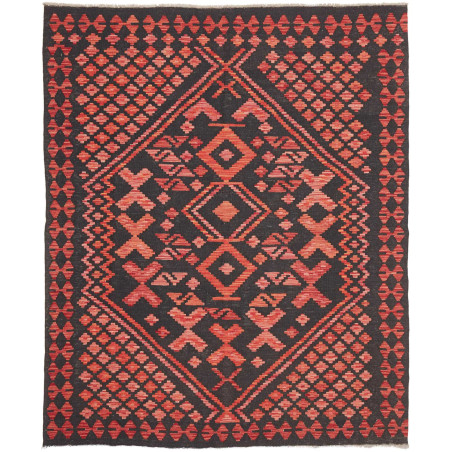 Tappeto Kilim Afghanistan Geometrico Carbone Rosso Corallo 1