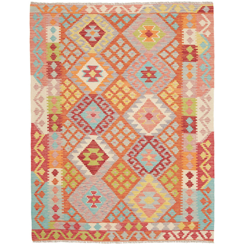 Tappeto Kilim Afghanistan Astratto Arancione Rosso Azzurro G