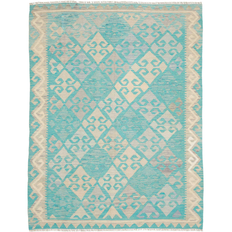 Tappeto Kilim Afghanistan Astratto Turchese Bianco Crema Gri