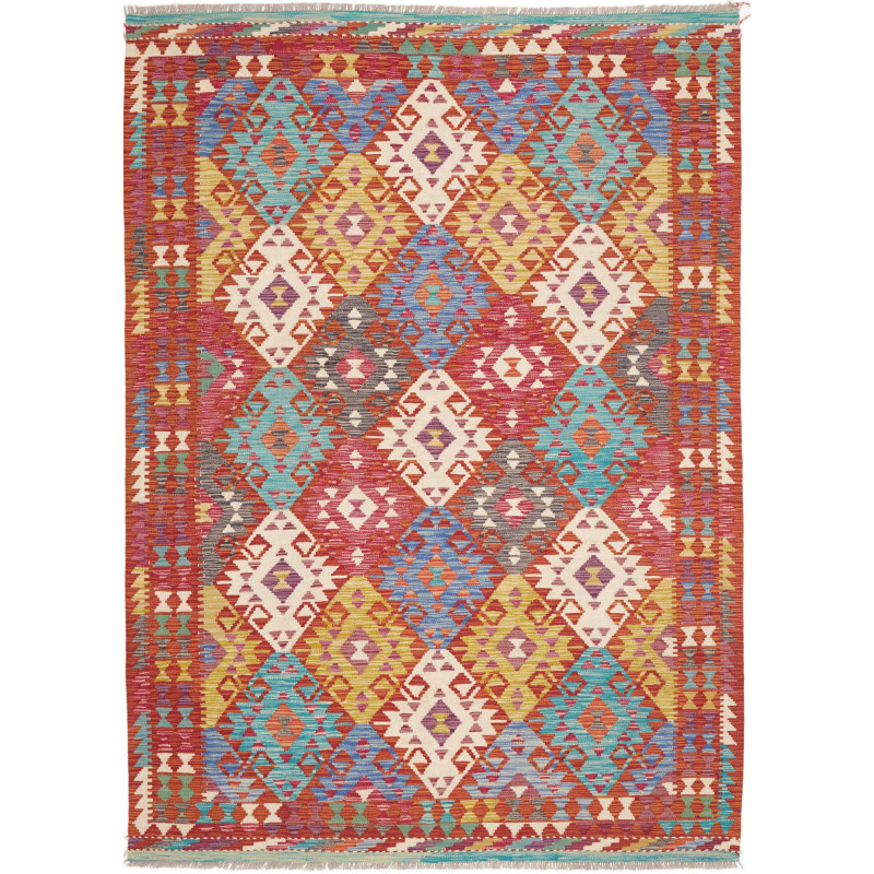 Tappeto Kilim Afghanistan Geometrico Rosso Terracotta Giallo