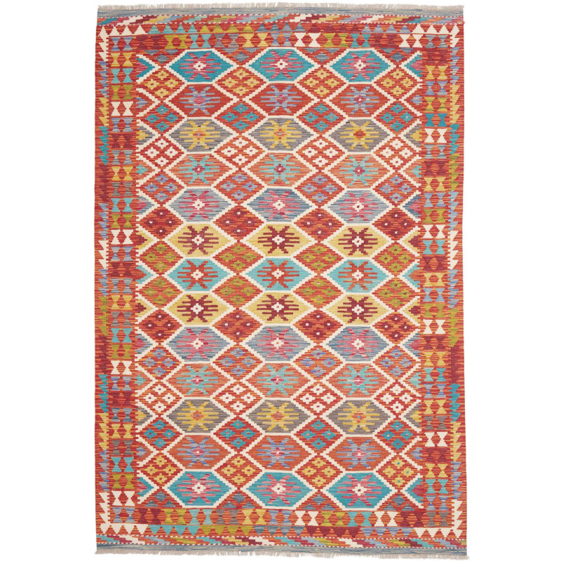 Tappeto Kilim Afghanistan Geometrico Rosso Arancio Giallo Tu