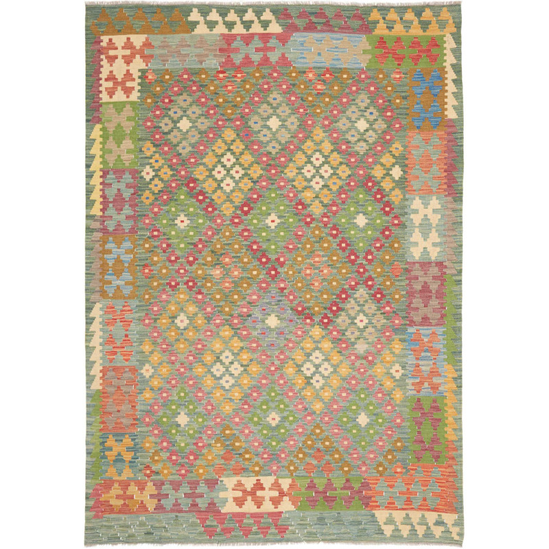 Tappeto Kilim Afghanistan Astratto Verde Acqua Rosa Rosso Gi