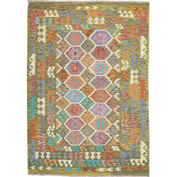Tappeto Kilim Afghanistan Astratto Verde Oliva Celeste Rosso