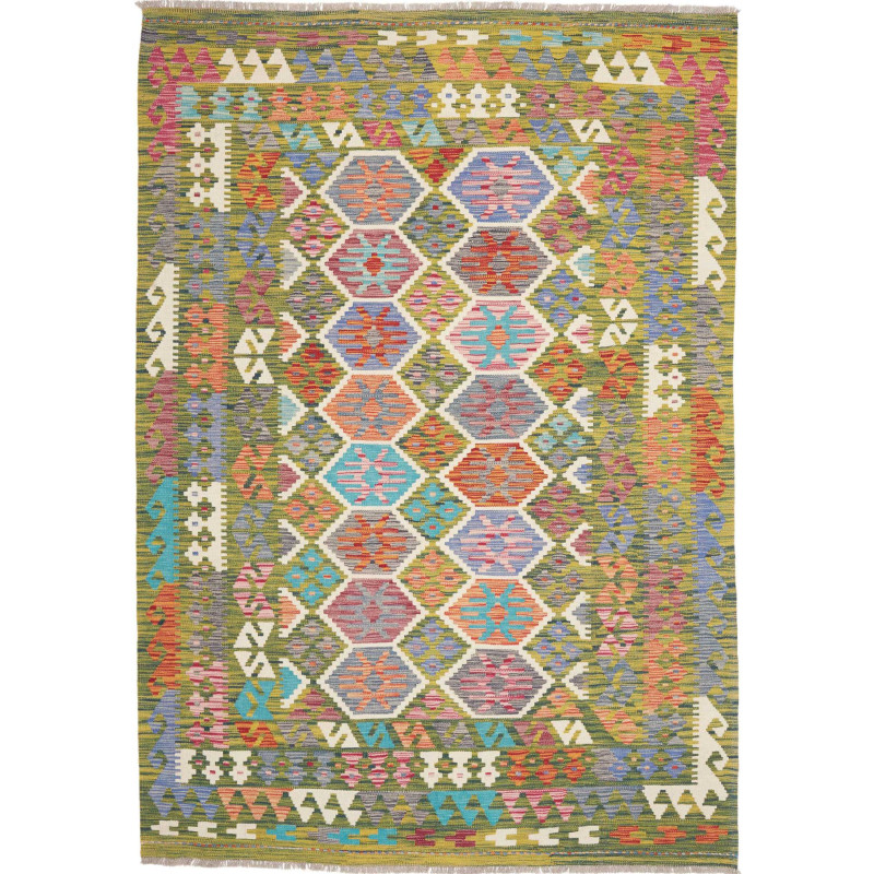 Tappeto Kilim Afghanistan Astratto Verde Oliva Celeste Rosso