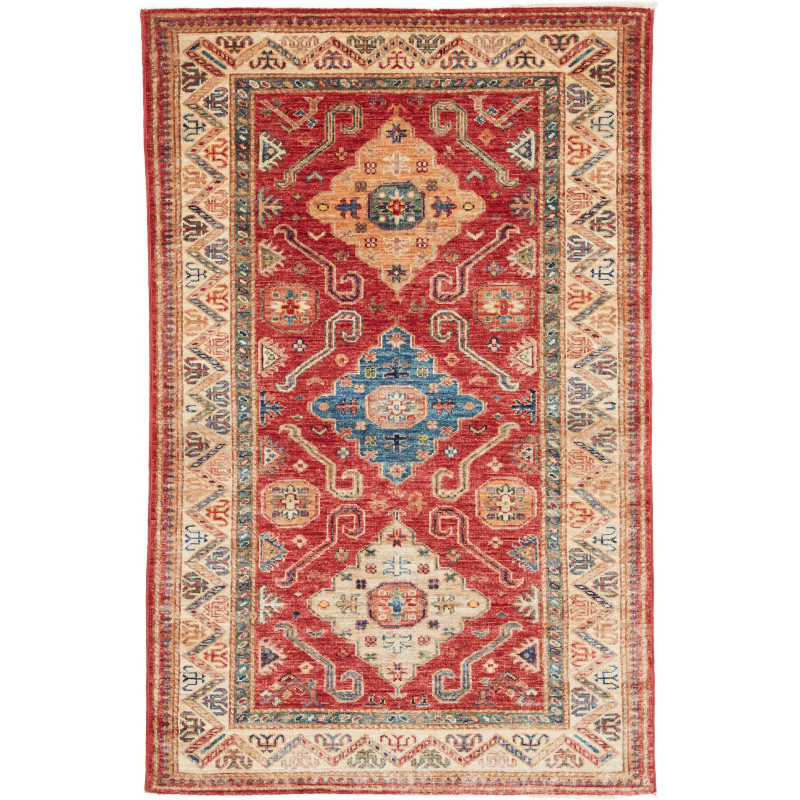 Tappeto Kazak Fine Pakistan Geometrico Rosso Beige 101x153 Cm