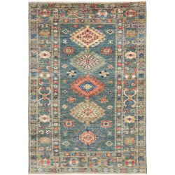 Tappeto Kazak Fine Pakistan Geometrico Verde Ottanio Arancione 103x154 Cm
