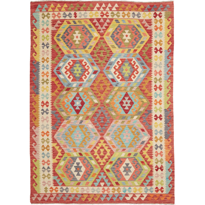 Tappeto Kilim Afghanistan Geometrico Rosso Terracotta Azzurro 177x250 Cm