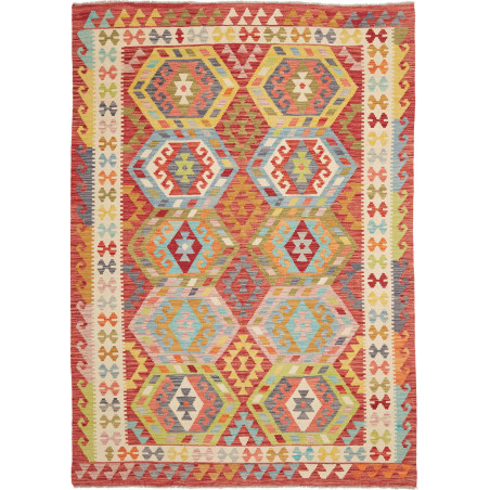 Tappeto Kilim Afghanistan Geometrico Rosso Terracotta Azzurro 177x250 Cm