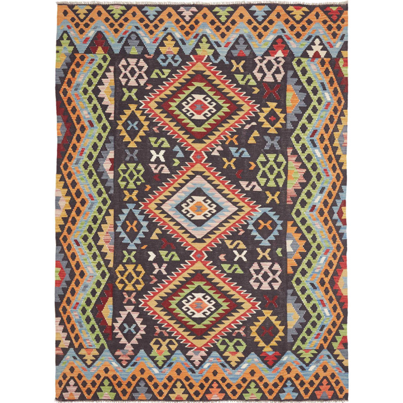 Tappeto Kilim Afghanistan Geometrico Grigio Scuro Arancione 175x240 Cm