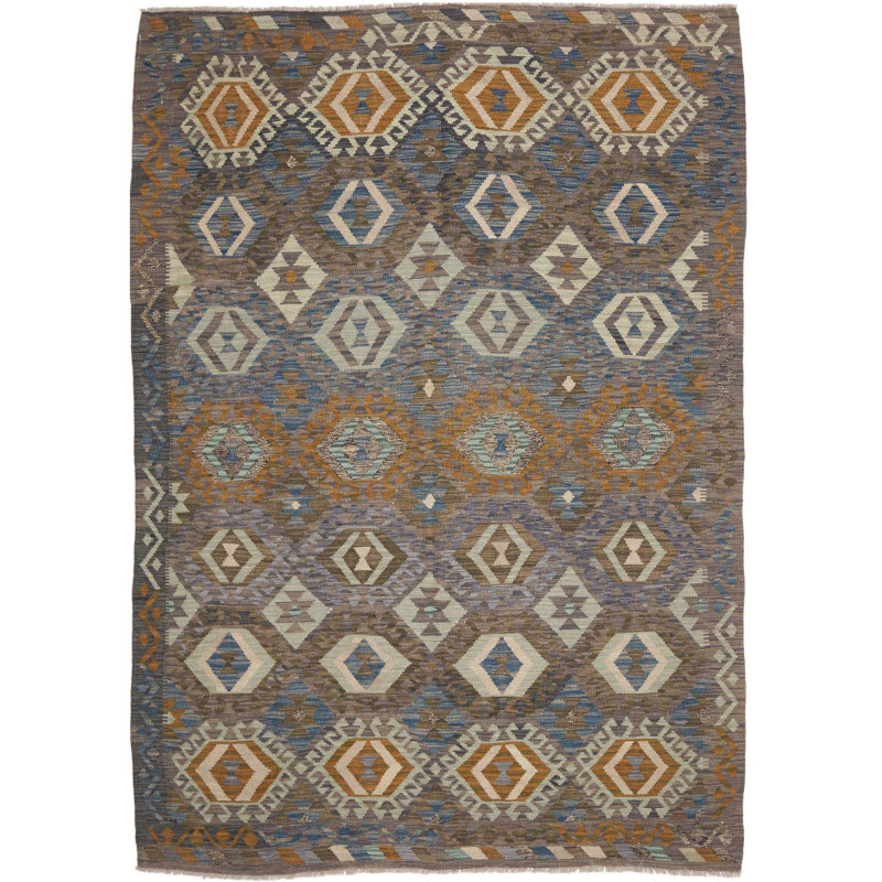 Tappeto Kilim Afghanistan Geometrico Blu Grigio Marrone Ocra 179x252 Cm