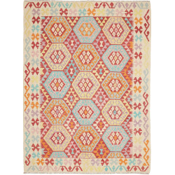 Tappeto Kilim Afghanistan Geometrico Rosso Corallo Azzurro Cielo 175x233 Cm