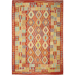Tappeto Kilim Afghanistan Geometrico Rosso Giallo 213x303 Cm