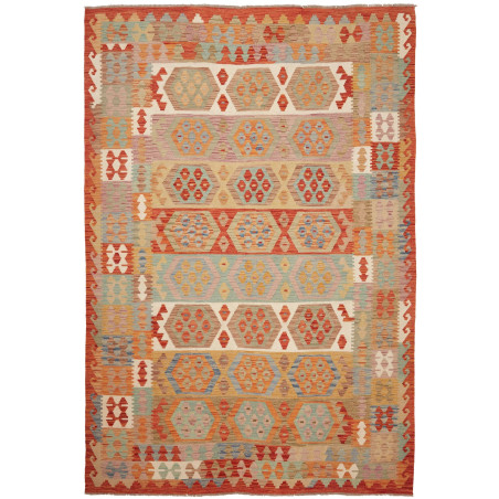 Tappeto Kilim Afghanistan Astratto Terracotta Blu 199x294 Cm