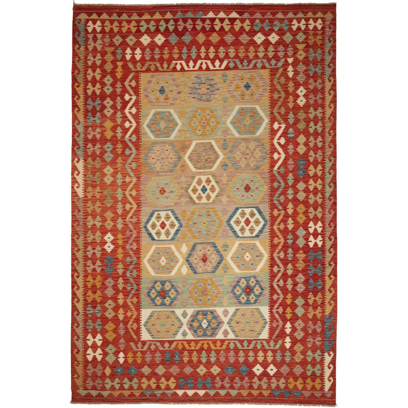 Tappeto Kilim Afghanistan Geometrico Rosso Multicolore 197x3