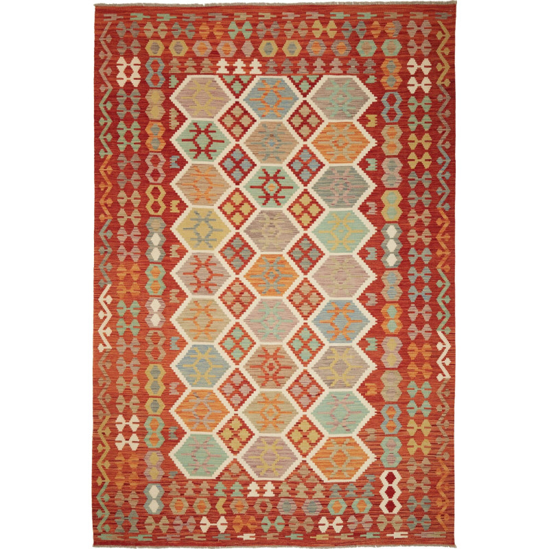 Tappeto Kilim Afghanistan Geometrico Rosso Policromo 201x297