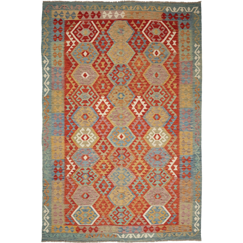 Tappeto Kilim Afghanistan Geometrico Terracotta Blu 200x297