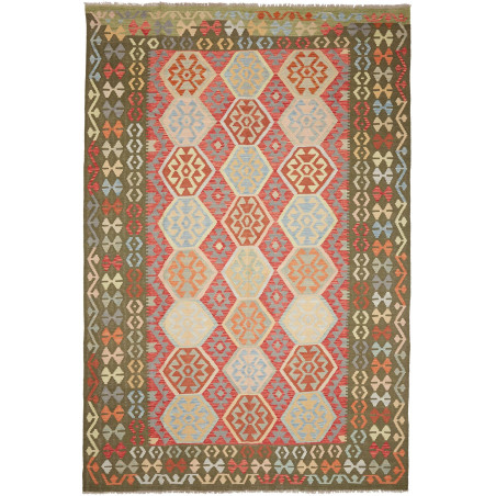 Tappeto Kilim Afghanistan Geometrico Terracotta Azzurro 198x
