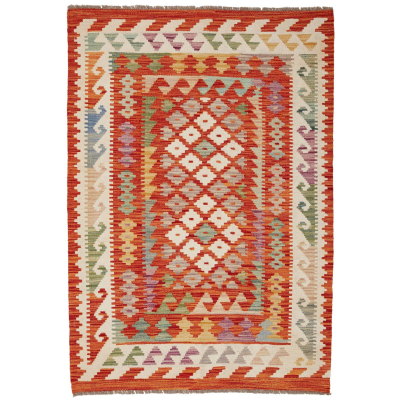 Tappeto Kilim Afghanistan Geometrico Arancio Avorio 100x147