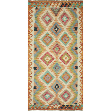 Tappeto Kilim Afghanistan Geometrico Crema Arancione 101x202