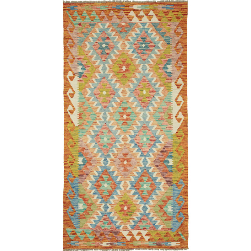 Tappeto Kilim Afghanistan Geometrico Arancio Azzurro 102x201