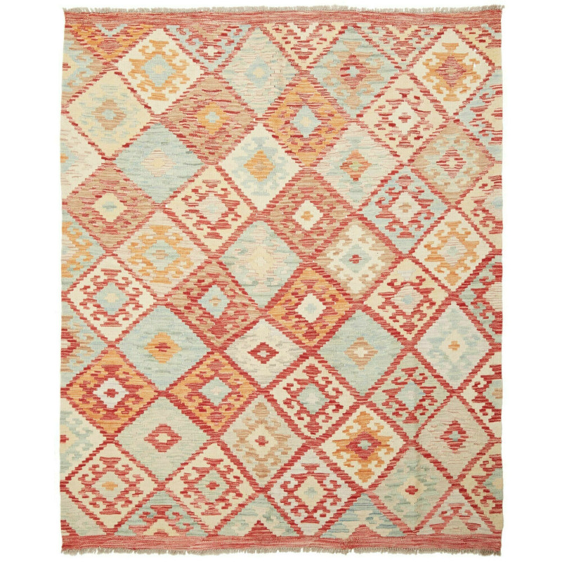 Tappeto Kilim Afghanistan Astratto Rosso Azzurro 160x194 Cm