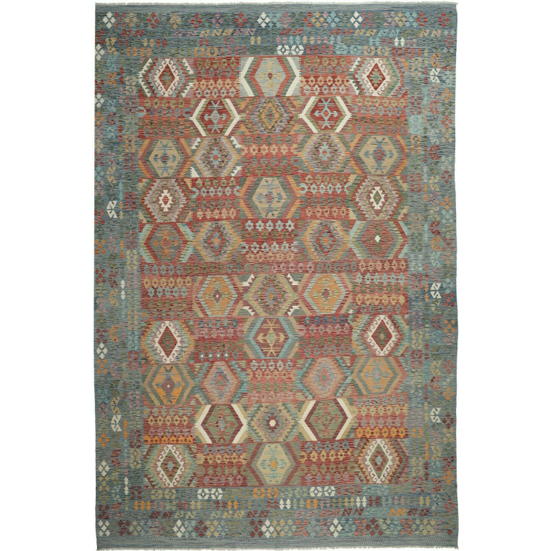 Tappeto Kilim Afghanistan Geometrico Azzurro Terracotta 402x