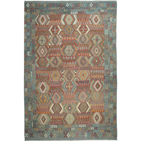 Tappeto Kilim Afghanistan Geometrico Azzurro Terracotta 402x