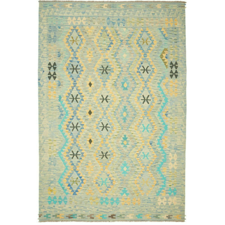 Tappeto Kilim Afghanistan Geometrico Azzurro Giallo 199x307