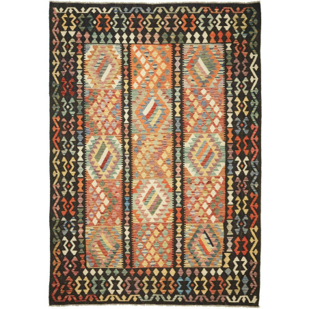 Tappeto Kilim Afghanistan Astratto Multicolore Nero Arancio
