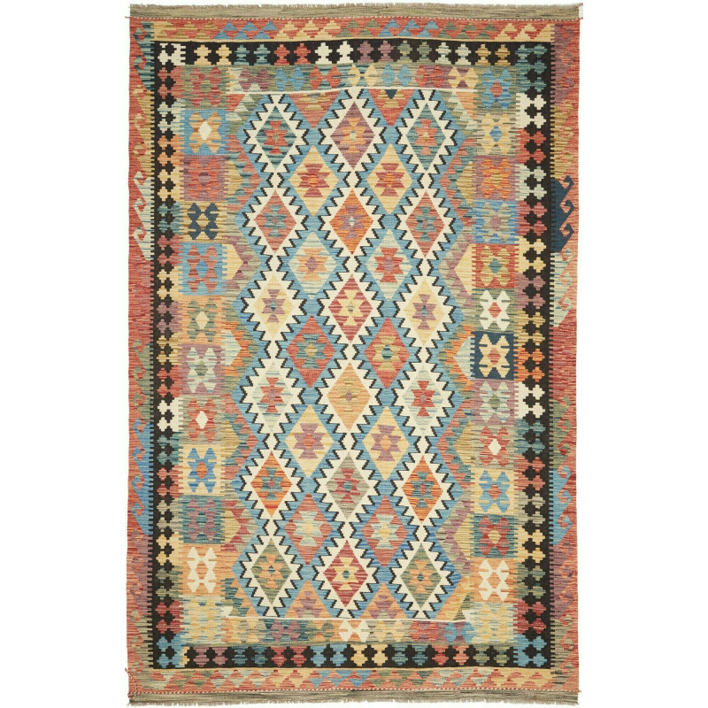 Tappeto Kilim Afghanistan Astratto Multicolore Azzurro 195x3